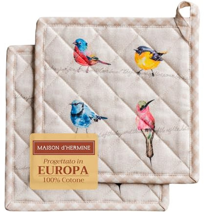 Maison d' Hermine Birdies On Wire Set di 2 presine, 100% cotone, per pentole, forno, microonde, per grigliate, primavera/estate (20cm x 20cm)