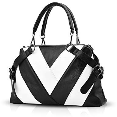 NICOLE & DORIS Handtaschen für Damen Modern Henkeltasche Schultertasche Weiche PU Leder Umhängetasche Elegant Handtasche mit Gestreifte Schwarz und weiß