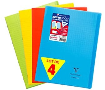 Clairefontaine 971440AMZC Lot de 4 Cahiers Agrafés Koverbook - A4 21x29,7 cm - 96 Pages Grands Carreaux - Papier Blanc 90 g - Couvertures Polypro Couleurs assorties (Bleu, Rouge, Jaune et Vert)