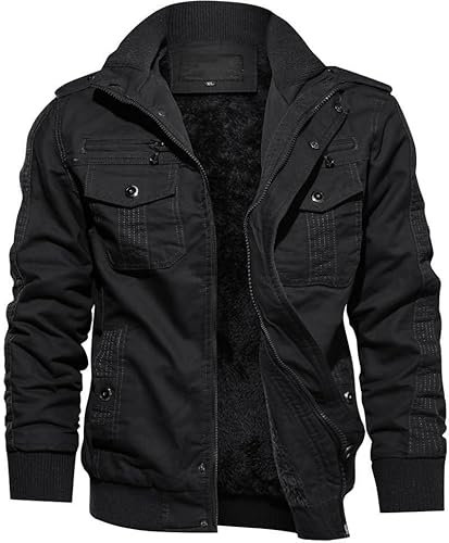 TACVASEN Uomo Giacca Militare Invernale Jacket Casual Interno in Pile Caldo collo in Piedi, Nero, XL