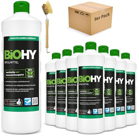 BiOHY Spülmittel (9 x 1 Liter) + Spülbürste | Bio Geschirrspülmittel ohne schädliche Chemikalien | Flüssiger Fettlöser für frischen Glanz | ideal für Spülmittelspender | biologisch abbaubar