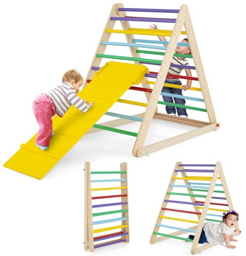 COSTWAY Arrampicata per Bambini, Triangolo da Arrampicata in Legno con Scivolo, Scala Giochi Pieghevole per Bambini 3+ Anni, Carico 60 kg (colorato)