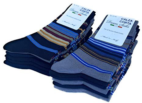 DREAM SOCKS 6 paia calze corte da uomo a metà polpaccio in cotone filo di scozia elasticizzate,calzini molto leggeri made in italy rimagliate a mano (39-42, 6 X Set. MULTI RIGHE)