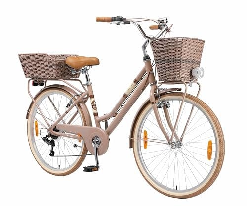 BIKESTAR Alu City Stadt Fahrrad 26 Zoll | 16 Zoll Rahmen, 7 Gang Shimano Damen Rad, Hollandrad Retro Bike mit V-Bremse und Gepäckträger | Braun | Risikofrei Testen