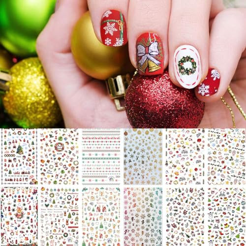 Kalolary 12 Sheets Christmas Nail Art Stickers - 3D Self-Adhesive Decals and Tips Stencil for Women Girls Nail Design