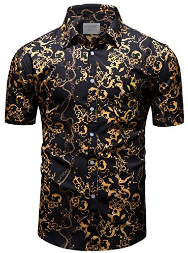 fohemr Mens Chain Print Black Gold Shirt Luxury Baroque Vintage Short Sleeve Casual Button Down Dress Shirts XX-Large