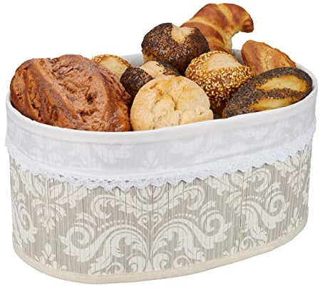 Relaxdays Corbeille à Pain en Bambou, Insert Tissu, Motif Floral, Croissants, Panier Ovale, Petit-déjeuner, Gris-Blanc
