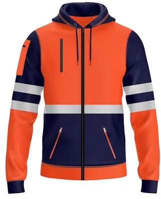 NOROZE Herren Kapuzenpullover mit Reißverschluss vorne reflektierend hohe Sichtbarkeit Sicherheitsmantel Taschen Sweatshirt Jacke (XL, Stil 1: Neonorange/Marine)
