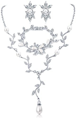 Adramata Brautschmuck Set Strass für Damen Silber Hochzeitsschmuck Braut Tropfen Halskette Armband Ohrringe Set Abschlussball Hochzeit Schmuckset Party Hochzeit Schmuck Set für Brautjungfern