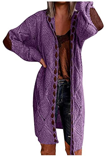 Cardigan lungo da donna con cappuccio, cappotto da montagna da donna, autunno, elegante, a maniche lunghe, elegante, maglione a maglia grossa, cardigan a maglia lunga, viola., L