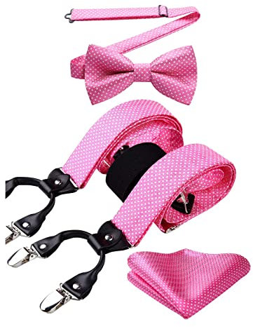 HISDERN Bretelles Homme Rose et Noeud Papillon Mouchoir à Pois Réglable en Forme de Y avec 6 Clips Braces Suspender Set