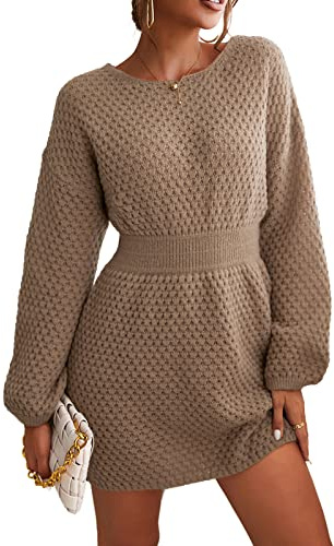 CUPSHE Damen Strickkleid Rundhals Langarm Grobstrick Pulloverkleid Winterpullover Strickpulli Lässig Sweater Knit Mini Dress