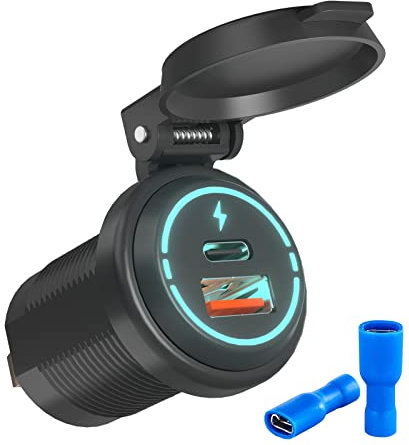 Kriogor 12V USB Toma de Corriente, Tipo C PD y QC3.0 Toma USB Coche 12V / 24V Cargador Puerto Coche Múltiple Impermeable para Motos, Barco, RV, Camión Marino
