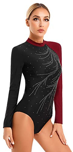 iEFiEL Damen Glitzer Turnanzug Langarm Sportbody Yoga Tanzanzug Einteiler Trikotanzug Gym Leotard Eiskunstlauf Anzug Tanzkostüm Burgundy M
