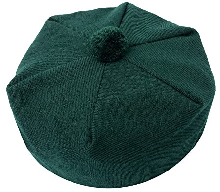 Scottish Traditional Tam o' Shatner Acryl Wolle Tammy Hut Pom Pom One Size Various Tartans Barett Balmoral Flat Kilt Bonnet Jimmy Hats Flat Cap, Uni Grün, L/XL