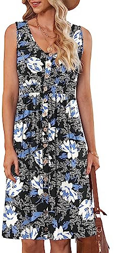 AUSELILY Sommerkleid Damen Casual Button Down Mini Kleid Cute V Neck Strandkleid mit Taschen Blaue Lilie M