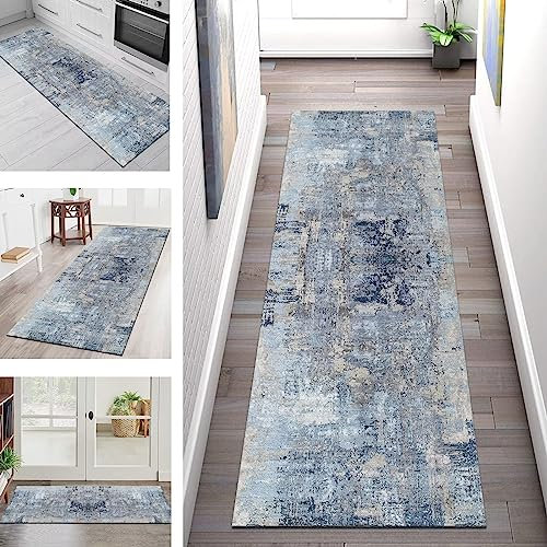 Teppich Läufer Flur Küche rutschfest waschbar Teppichläufer Lang 100X400CM Blau Grau Abstrakt Küchenläufer Flurmatten Meterware Korridor Tepiche Kücheteppich Schlafzimmer Wohnzimmer Breit 40-120cm