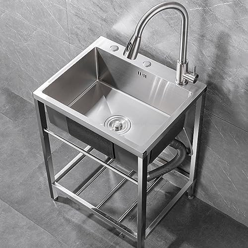 Lavello in Acciaio Inox Lavello da Campeggio Portatile a 1 Scomparto, Vasca Singola Lavandino Commerciale Autoportante Lavabo da Esterno,per Lavanderia Cortile Garage (68x45x75cm)