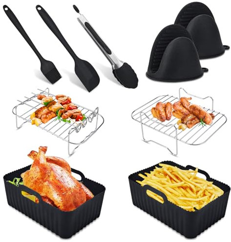 Air Fryer Accessories 9 Pcs Set for Ninja AF300UK AF400UK & Tower T17088 Dual Air Fryer Accessories Dual Silicone Air Fryer Liners & Gloves Dual Air Fryer Racks Oil Brush Silicone Spatula (Black)