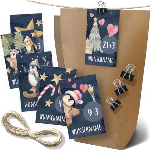 Großes Adventskalender Set PERSONALISIERT mit Wunschname - mit je 24 Tüten, Zahlen-Karten, Klammern und 5m Kordelband - Mathe Aufgaben für Kinder Weihnachtskalender Weihnachten