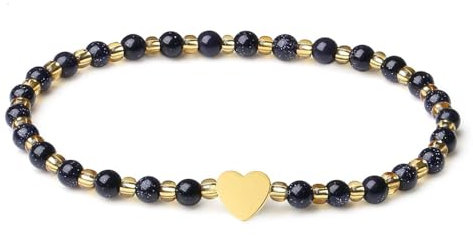 MetJakt Handgemachter Naturstein Perlenarmband 4MM Mini Stretch Armband Energiearmbänder 18k vergoldet Herz Armbänder für Damen Damenschmuck Echtes (Blauer Sandstein)