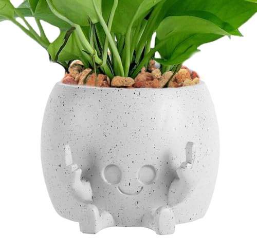 Smiling Plant Pot with Middle Fingers, Funny Face Planter Smile Succulent Planters Resin Figure Flower Pots Decorative Novelty Flowerpot Holder for Indoor Outdoor Home Decor Creative Lover Gifts