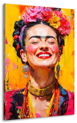 Kunstgestalten24 | Frida Kahlo Lacht Abstrakt Modern Leinwand-Bild | mit Echtholz-Keilrahmen | Leinwandbild Wandbild Kunst Art Gemälde | Hochwertige Kunstdrucke | 40x60cm, 2cm Rahmentiefe