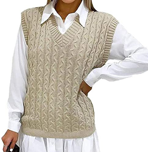 WeaAll Ladies Cable Knit Sleeveless Vest Women's Knitted Jumper Tank Top Winter Chunky Sweaters Stone 12-14