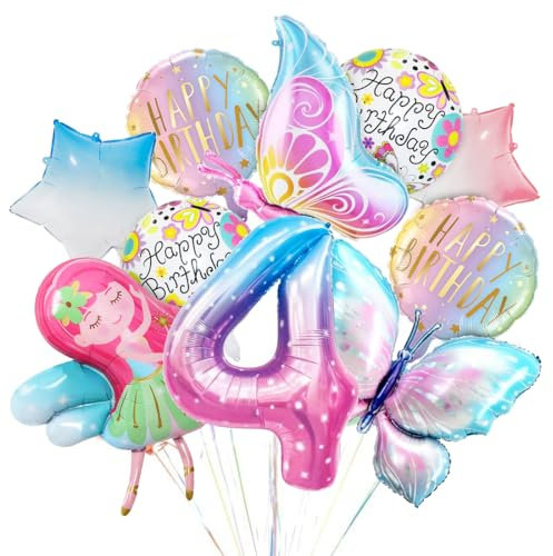 Geburtstag Deko Schmetterling, Bunt Schmetterling Folienballon, 4 Jahre Geburtstagsdeko, Zahl 4 Rosa Mädchen Ballon, Luftballon 4. Geburtstag Mädchen für Kinder Schmetterling Themen Geburtstag Party