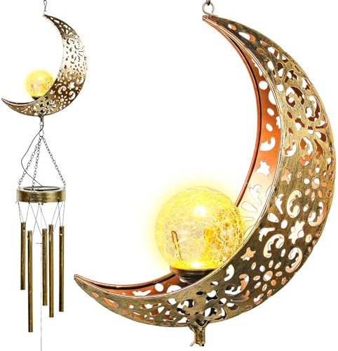 Taylor & Brown Wind Chimes Solar Lights - Powered LED Moon Sun Night lights outdoor Garden Waterproof Metal Windbell Chime Light Lamp for Patio Deck Lawns Yard Patio (Moon)