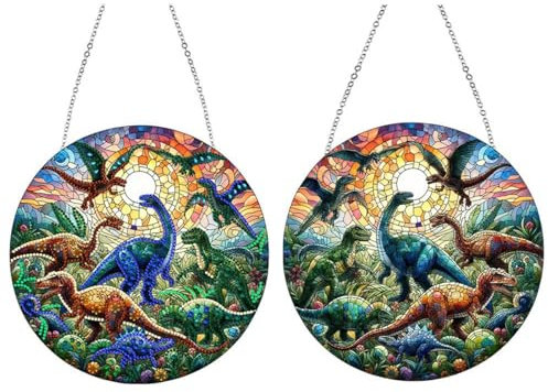 Generisch DIY Diamant Painting Anhänger mit Kette, Diamant Painting Bilder, Kreatives 5D Diamond Malerei Wandbehang Kits für Fenster Wand Eingang Garten Decor-12-Dinosaurier