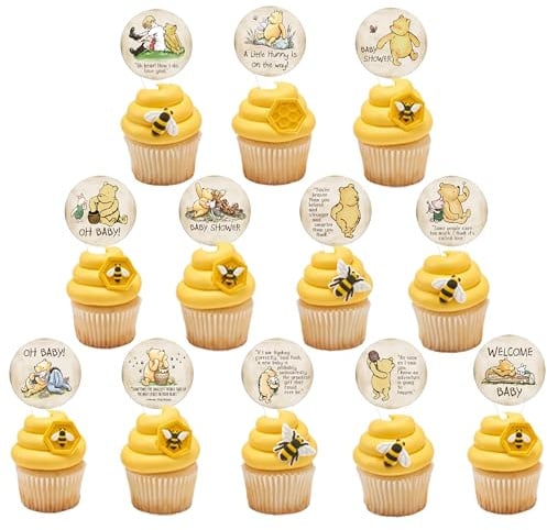 48Pcs Bear Themed Cupcake Toppers,Classic Winnie Stuff for Baby Shower/First Birthday Party Decorations