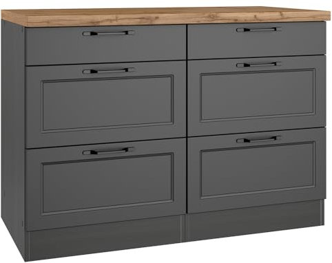 Lomadox Küchenschrank Schubladenschrank Auszugsschrank Unterschrank mit Schubladen 120 cm in grau, Arbeitsplatte Eiche