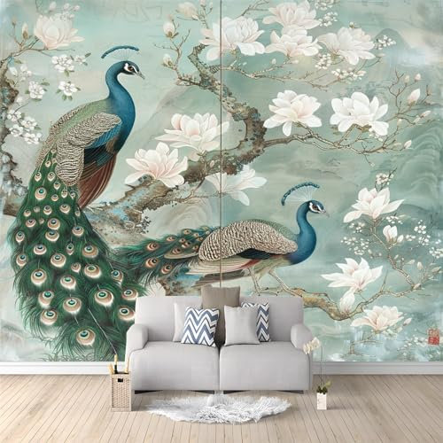Art Fototapete Orchideen-Pfau im chinesischen Stil 350 x 256 cm - Vlies Tapeten Moderne Wand Dekoration für Wohnzimmer, Schlafzimmer Büro und Flur, Design Wandtapete Design