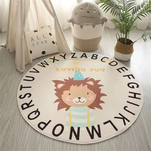 Herfair Kinderteppich Teppich Rund, Cartoon Tier Kinderteppich Kurzflor rutschfest Weiche Waschbare Teppich Kinderzimmerteppich Babymatte für Schlafzimmer Kinderzimmer Deko (Löwe,120cm)