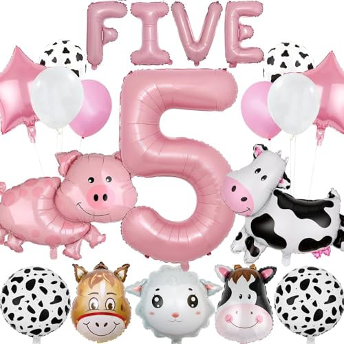 Bauernhof Geburtstag Deko Luftballon Tiere Tier Ballons Mädchen Folienballon Kindergeburtstag Bauernhof-Kuh-Druck, Schaf, Schwein, Esel Party Dekoration Zubehör (5 jahre)