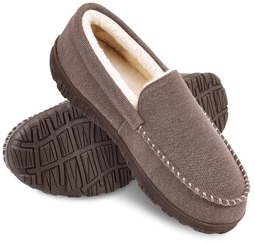 MIXIN Moccasins for Men House Slippers Indoor Outdoor Plush Mens Bedroom Shoes with Hard Sole Coffee Size 7