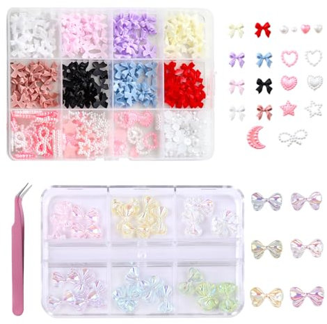 2 Boxes Of Nail Accessories, 1 Piece Of Tweezers, Bow Nail Art Accessories, Rhinestone Nail Accessories, Diy Nail Accessories Set