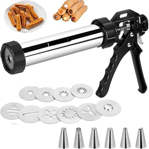 Churro Maker Machine - Churro-Maker aus Edelstahl | Cookie Maker Machine | Wiederverwendbare Laminierbeutel-Hohl-Churros-Maschine für Desserts, 6 Spritztüllen und 9 Keksscheiben