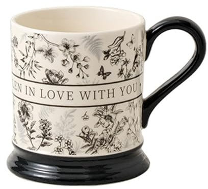 YT-KOKE Vintage Schwarze Blumen Keramik Tasse, 400ml Keramik Kaffeetasse mit Griff, Hohe Teetasse mit Löffeln, Rose Porzellan Tassen (B)