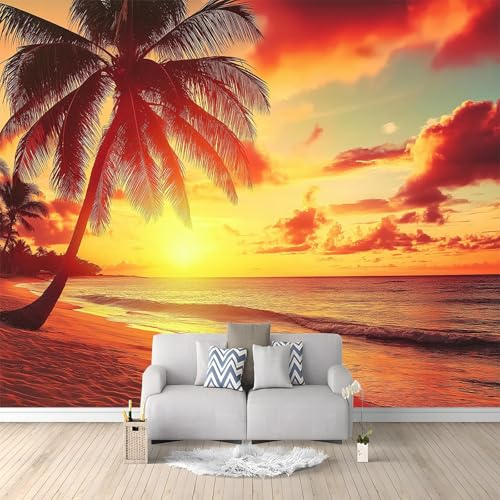 Tramonto Spiaggia Palme Dorate Carta da Parati Fotografica Giallo Dorato Design per Pareti Camera - Fotomurale Tessuto Non Tessuto Colla Non Inclusa 350x256 cm
