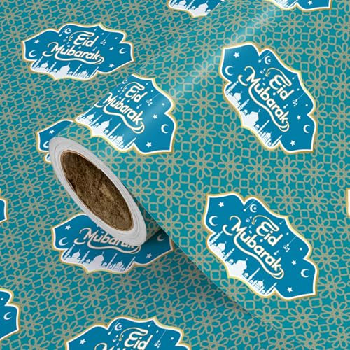 WRAPAHOLIC Eid Mubarak Geschenkpapierrolle – Mini-Rolle – 43,2 cm x 5,2 m – Eid Mubarak Schriftzug und Laterne Moschee Design, perfekt für Islam Urlaub Party Feier