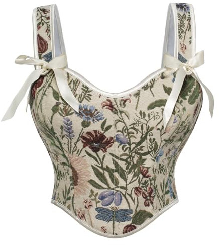 SCARLET DARKNESS Damen Mittlalter Korsett Square V-Neck Lace-up Vintage Corsage Reißverschluss Aprikose Blumen 36