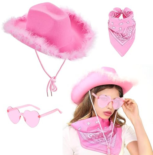 Cowboy Hut Damen 3 Stück CowgirlHut Filz Cowboyhut mit Herzbrille Rosa Federschal Damen Cowboy Hut Cowgirl Kostüm Accessoires Wilder Westen Kostü Westernhut für Party Cosplay Karnevalsfeiertage