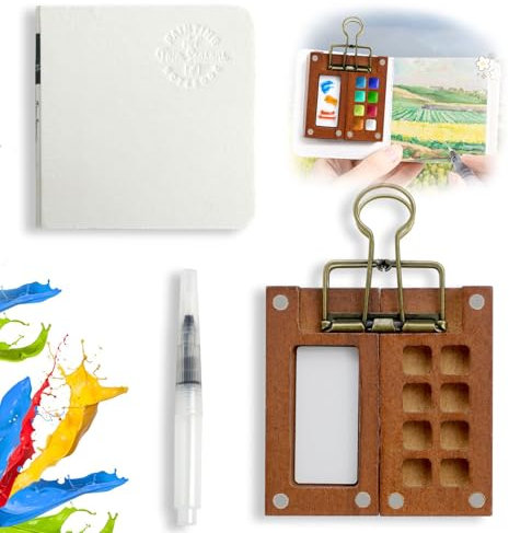DBTW 6 Pièces Kit de Voyage Aquarelle Mini, Palette de Carnet de Croquis Portable, Palette de Voyage en Bois Coffret de Peinture, Palette Aquarelle Portable pour Gouache Peinture Acrylique