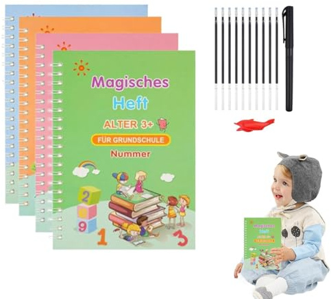 Generisch Übungsbücher Zur Magischen Handschrift | 4er-Pack 5 Magische Übungshefte für Kinder - Wiederverwendbar | Frühpädagogisches Handschreib-Übungsbuch Mit Handschriftstift | Kalligraphie-Set