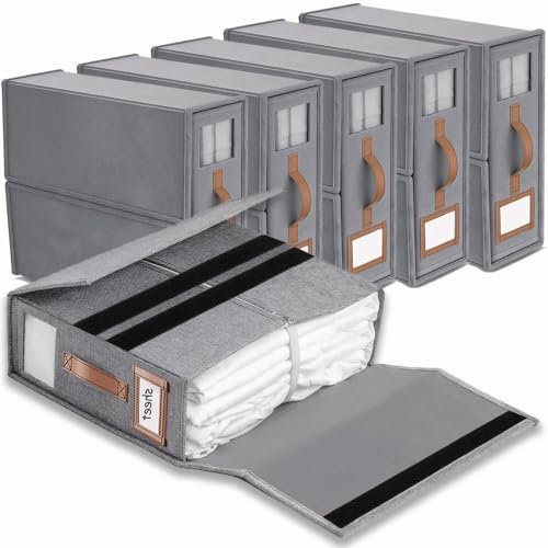 Linen Bedding Storage Box, 6 Pack Bed Sheet Organiser Boxes Foldable with Window and Label, Bedding Storage Bags for Sheets, Duvet Covers, Clothes, Towels and Blankets - Linen Grey