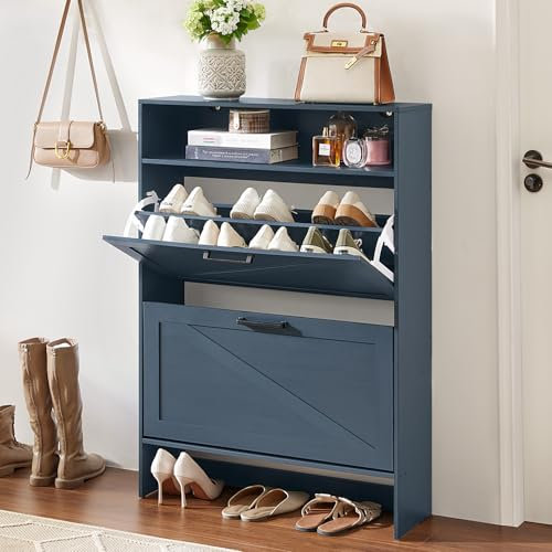 LELELINKY Blaue Schuhschrank, schuhregal mit 2 Klappen,offenen Fächern Schuhkipper,Holz Schmal Schuhregal,Flur-Schuhständer für 24-32 Paar Schuhe, Geeignet für Flur, Eingangsbereich und Wohnzimmer.