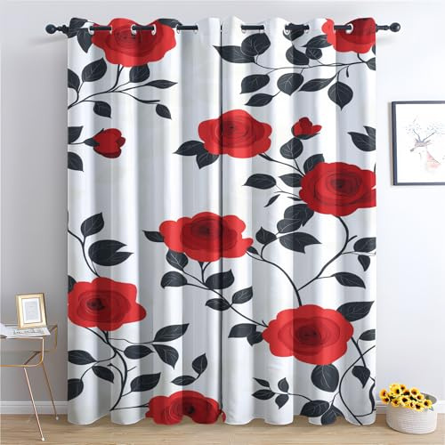 Venivici Rose Blackout Curtains for Bedroom Living Room - 72 Inch Drop Curtains Eyelet, Red Floral Botanical Window Treatments, Thermal Insulated Drapes for Windows B&-322