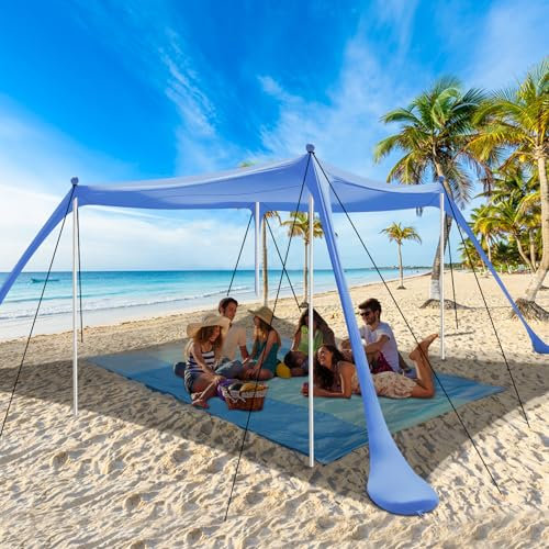 riggoo Strandzelt, Sonnensegel Strand 3 × 3m LSF 50+ mit Sandschaufel Heringen und Stabilitätsstangen, Windschutz Sonnenschutz Strand für draußen Campingausflüge, Angeln, Spaß im Garten oder Picknicks